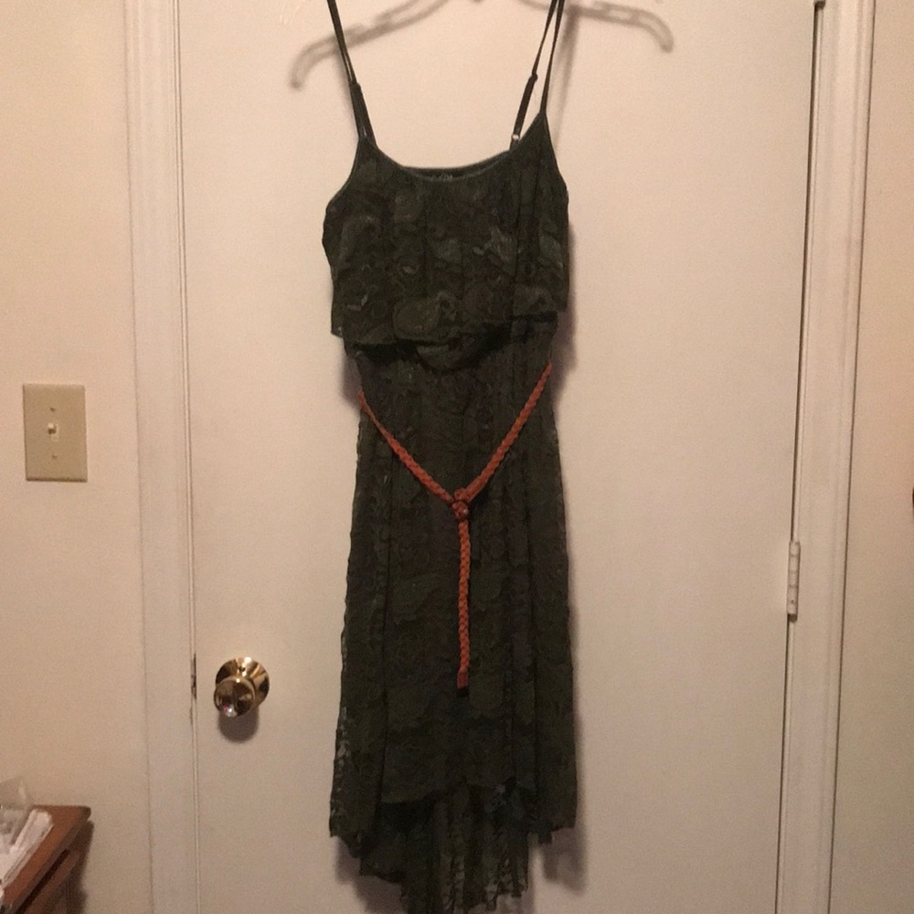 Asymmetric olive green lace overlay dress